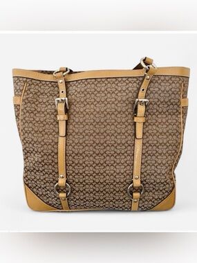 Coach Brown Signature Jacquard Tote with Tan Leather Trim